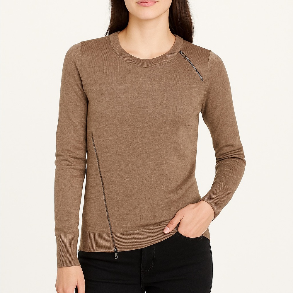 J Crew Women’s 100% Merino Wool Camel Tan Pullover Sweater, Asymmetrical Zip XS
